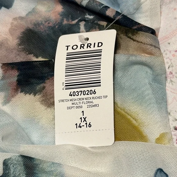 Multi-Floral Stretched Crew Neck Fitted Ruched Top - Picture 7 of 9